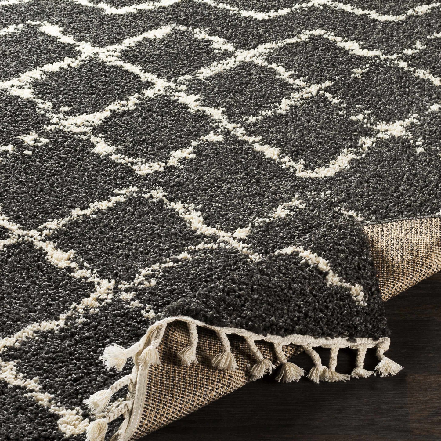 Wallagrass Black/Beige Trellis Tassel Shag - Clearance