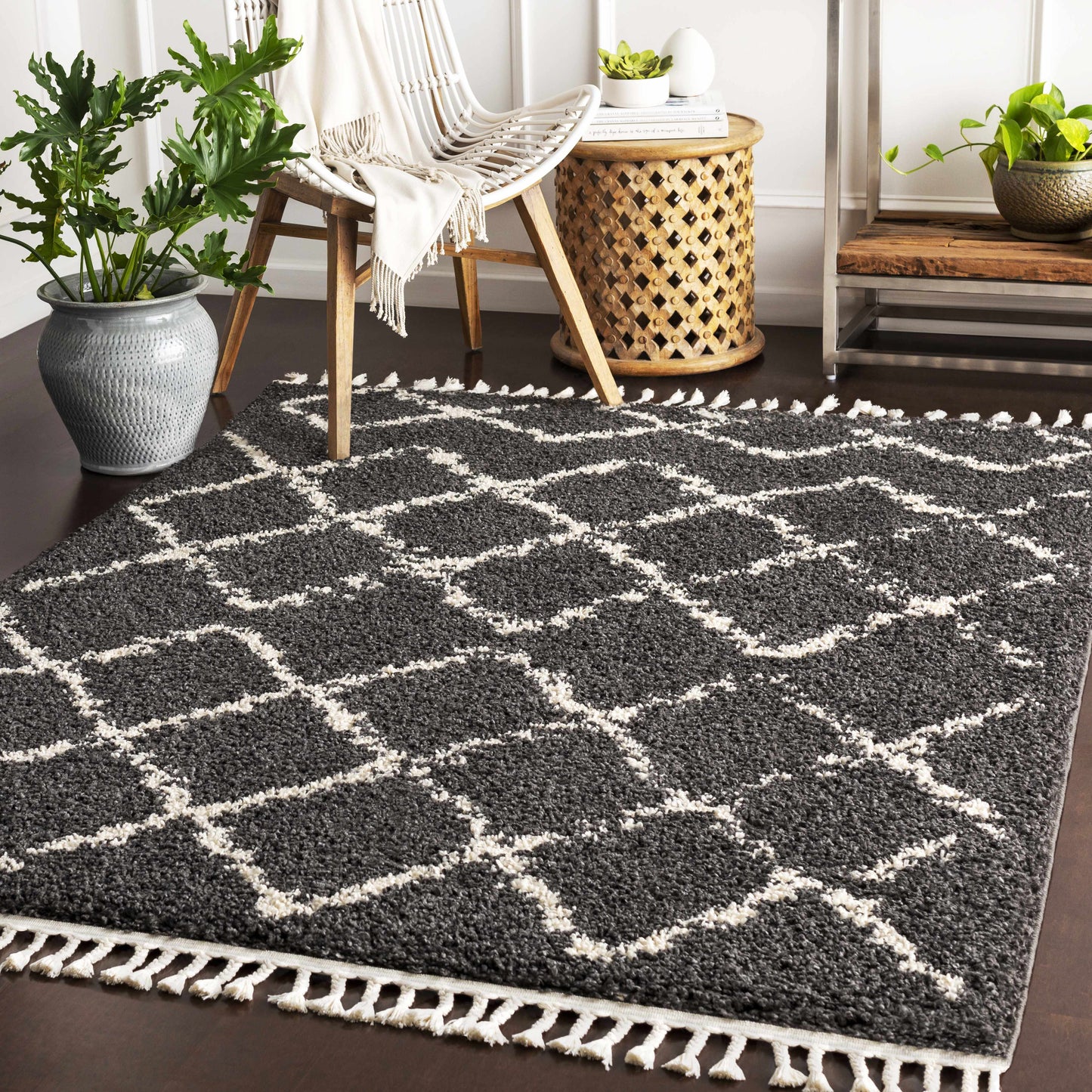 Wallagrass Black/Beige Trellis Tassel Shag - Clearance