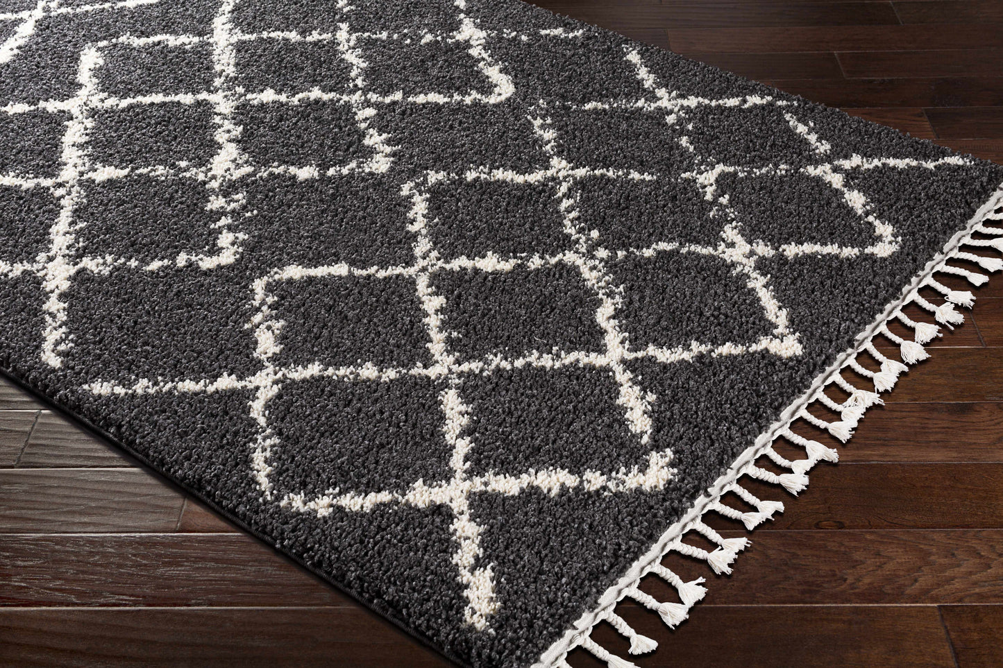 Wallagrass Black/Beige Trellis Tassel Shag - Clearance