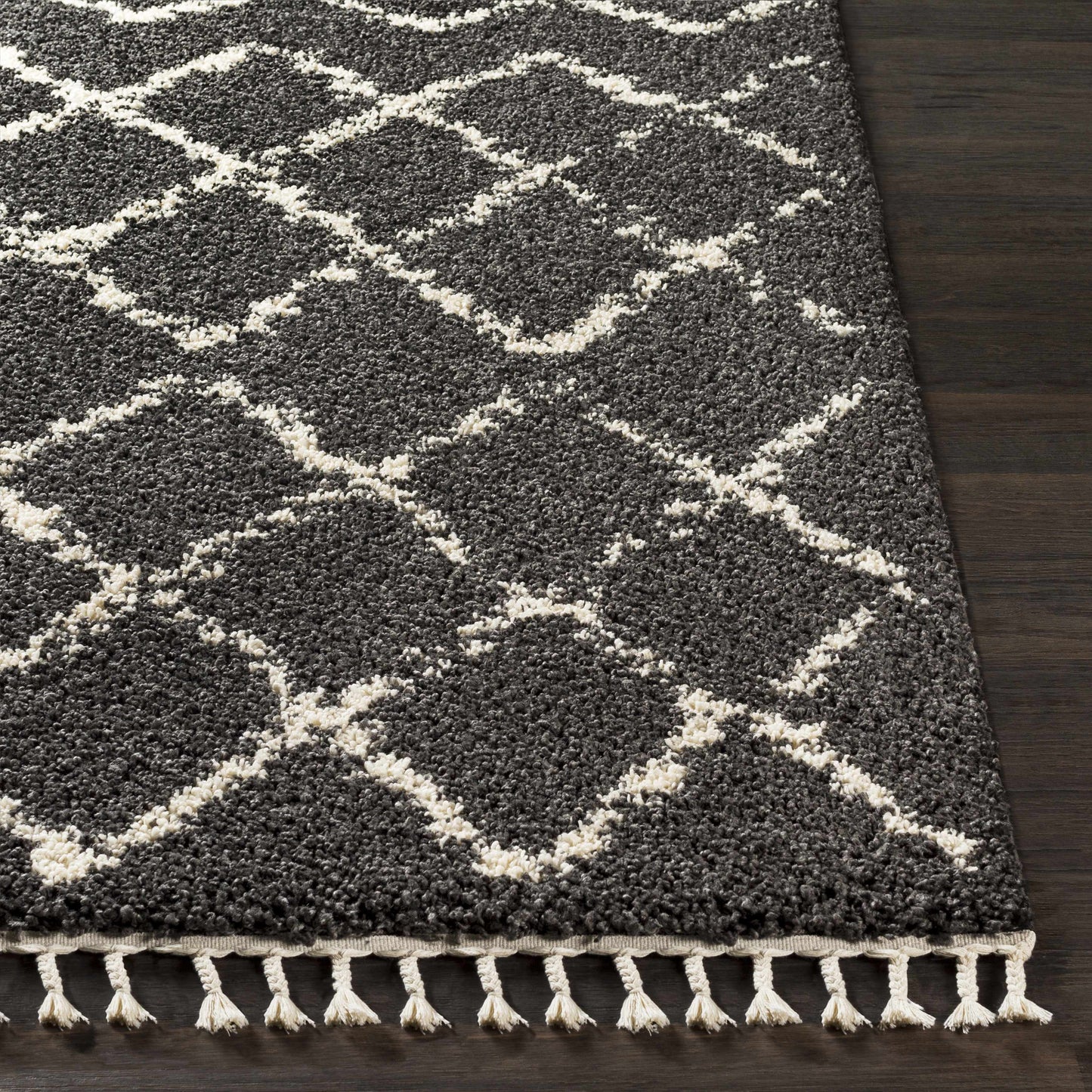 Wallagrass Black/Beige Trellis Tassel Shag - Clearance